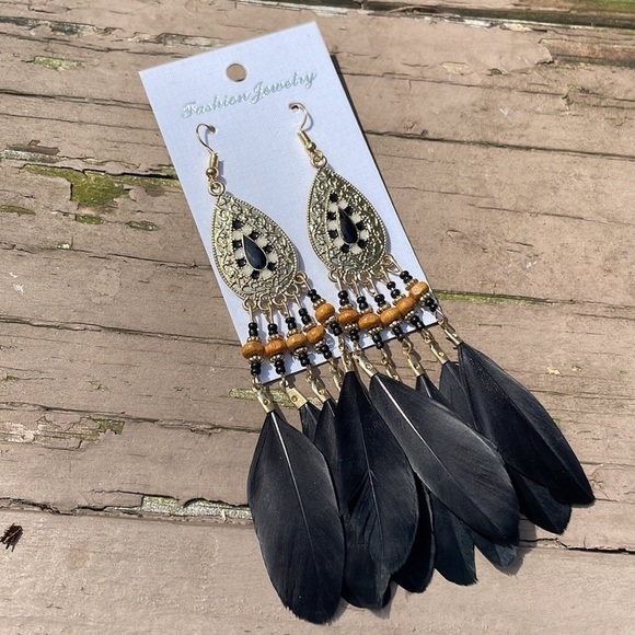Black Feather Beaded Tear Drop Gold Earrings - Picture 8 of 10